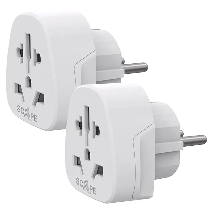 Scape Adaptador de viaje EU x2 - Blanco - Dos adaptadores de viaje universales blancos con tomas múltiples y enchufes europeos de dos clavijas.