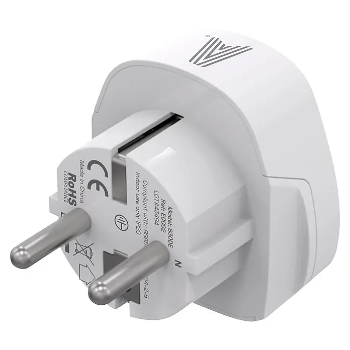 Scape Adaptador de viaje EU x2 - Blanco - Adaptador de enchufe eléctrico blanco con dos clavijas metálicas, marcado con CE, RoHS y 'Made in China'.
