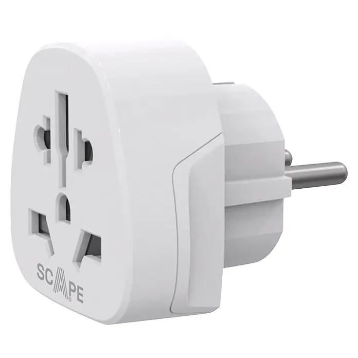 Scape Adaptador de viaje EU - Blanco - Adaptador de viaje universal blanco con múltiples enchufes internacionales en un lado y un enchufe europeo de dos pines en el otro.