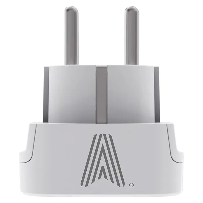 Scape Adaptador de viaje EU - Blanco - Adaptador de enchufe blanco con dos clavijas redondas y un logotipo A estilizado gris.