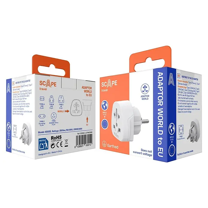 Scape Adaptador de viaje EU - Blanco - Adaptador de viaje universal blanco para la UE, en su embalaje, mostrando diagramas de compatibilidad de enchufes y detalles del producto.