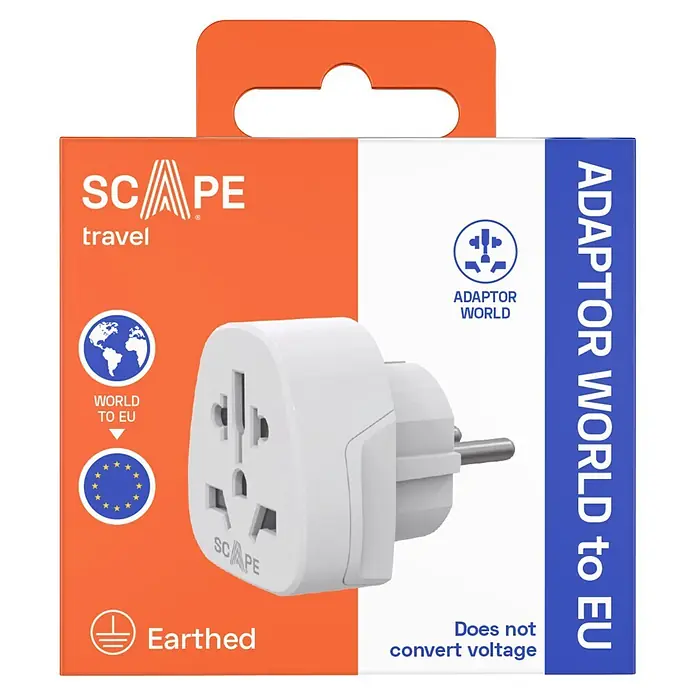 Scape Adaptador de viaje EU - Blanco - Adaptador de viaje SCAPE blanco de mundo a UE en embalaje naranja y blanco, con enchufes universales y clavijas EU.