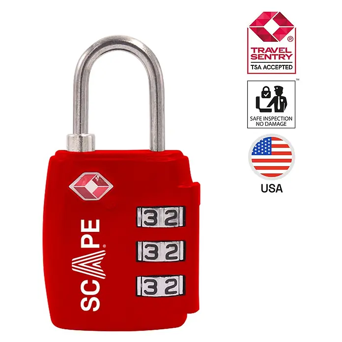 Scape Candado con combinación - Zamak, Número de dígitos en combinación: 3 ud., Rojo - Candado de combinación rojo aprobado por la TSA.