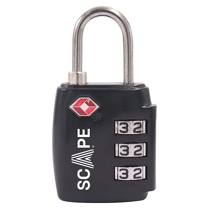 Scape Candado con combinación - Zamak, Número de dígitos en combinación: 3 ud., Negro - Candado de combinación negro aprobado por TSA con grillete plateado.