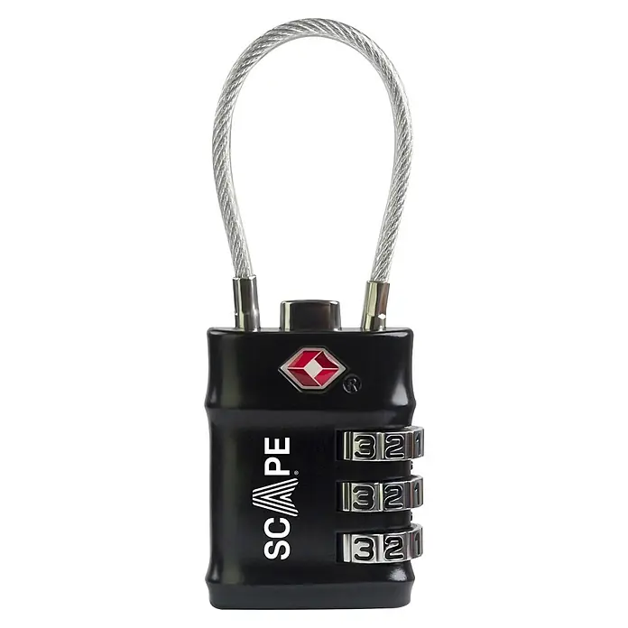 Scape Candado con combinación Flex - Zamak, Número de dígitos en combinación: 3 ud., Negro, Arco alto - Candado TSA de combinación negro para equipaje con cable flexible plateado y logo 'SCAPE'.