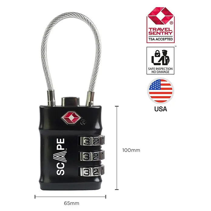 Scape Candado con combinación Flex - Zamak, Número de dígitos en combinación: 3 ud., Negro, Arco alto - Candado de cable de combinación TSA negro con dial de 3 dígitos.
