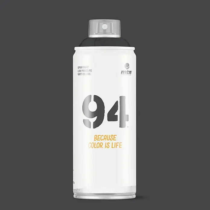mtn Pintura decorativa en spray 94 - Gris antracita, Mate, 400 ml - Bote de spray blanco MTN 94 con tapa negra y logotipo "94" plateado, ideal para graffiti y proyectos artísticos.
