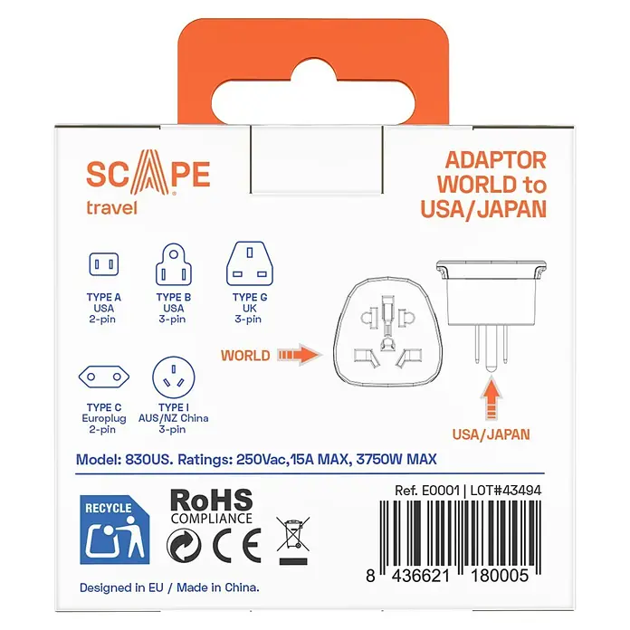 Scape Adaptador de viaje USA - Blanco - Embalaje blanco y naranja para un adaptador de viaje Scape, que convierte enchufes mundiales al estándar de EE. UU./Japón (Tipo A/B).