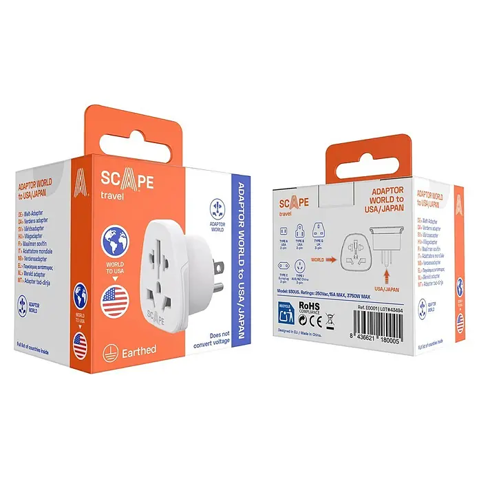 Scape Adaptador de viaje USA - Blanco - Adaptador de viaje universal blanco en embalaje naranja y blanco para EE. UU./Japón. No convierte el voltaje.