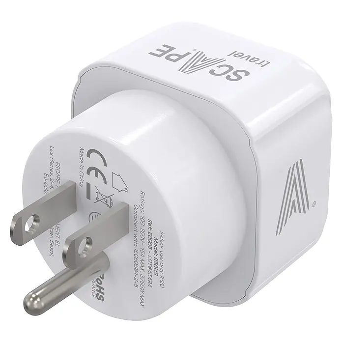 Scape Adaptador de viaje schuko USA - Blanco - Adaptador de viaje blanco con clavijas de enchufe de EE. UU. y marcado reglamentario.