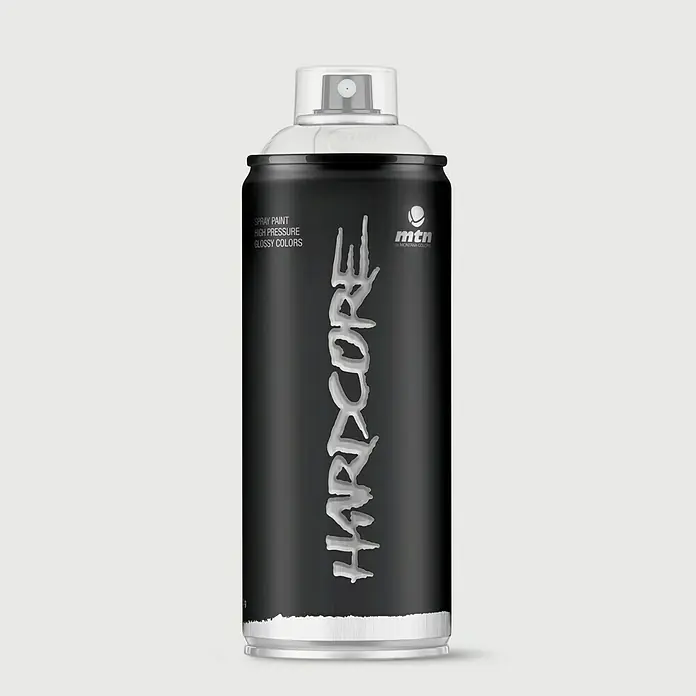 mtn Pintura decorativa en spray Hardcore - Gris claro, Brillante, 400 ml - Bote de spray negro Montana Hardcore con colores brillantes para grafiti de alta calidad y proyectos creativos.