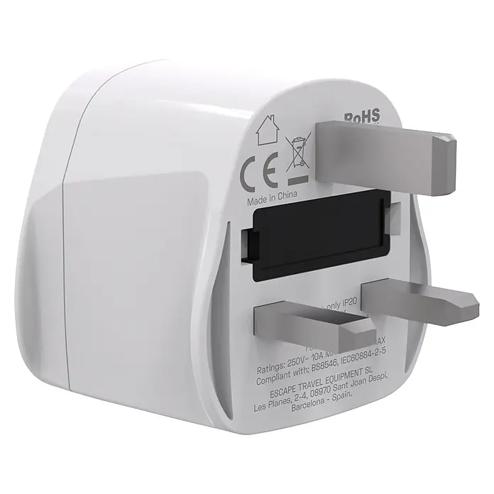 Scape Adaptador de viaje UK - Blanco - Adaptador de viaje de plástico blanco con clavijas tipo UK, mostrando información de conformidad y fabricación.
