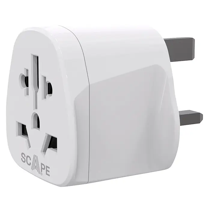 Scape Adaptador de viaje UK - Blanco - Adaptador de viaje universal blanco con tomas multi-país y dos clavijas planas para la conversión de energía en el extranjero.