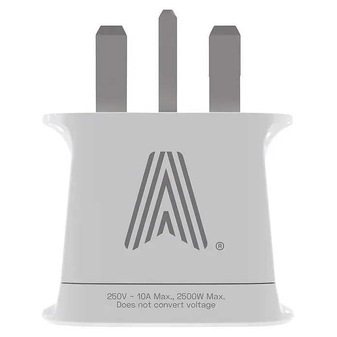 Scape Adaptador de viaje UK - Blanco - Adaptador de corriente universal blanco con tres clavijas metálicas rectangulares, 250V/10A/2500W, no convierte voltaje.