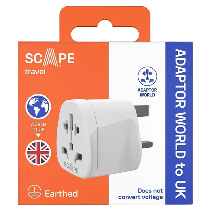 Scape Adaptador de viaje UK - Blanco - Adaptador de viaje blanco SCAPE Mundo a Reino Unido en embalaje naranja y blanco.