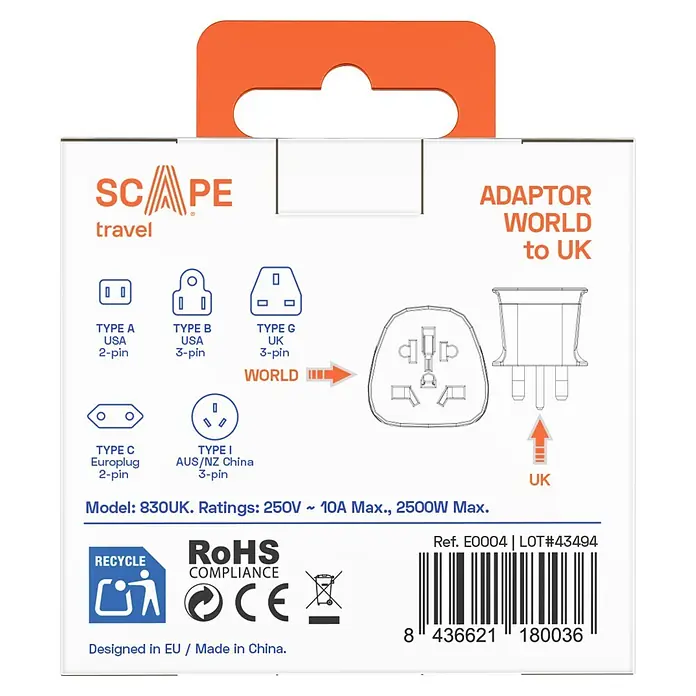 Scape Adaptador de viaje UK - Blanco - Embalaje blanco de adaptador de viaje Mundial a Reino Unido, mostrando varios tipos de enchufes y el adaptador.