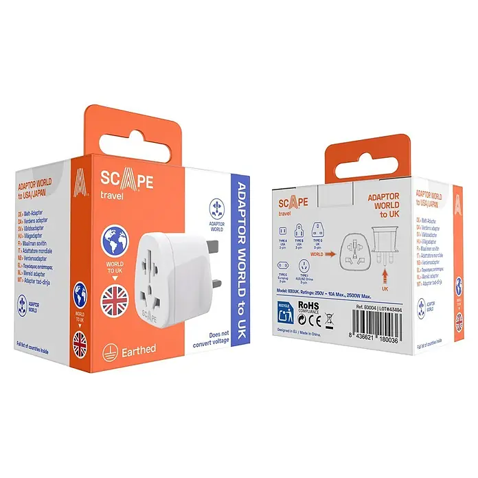 Scape Adaptador de viaje UK - Blanco - Adaptador de viaje blanco multi-región en empaque naranja y blanco, detalla compatibilidad mundial y tipos de enchufe.