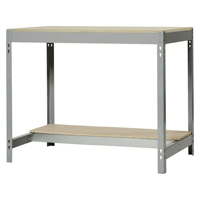 Simonrack Simonwork Werkbank BT0 1500 - L x B: 76 x 151 cm, Arbeitshöhe: 84,2 cm, Belastbarkeit: 850 kg, Grau/Holz - Abbildung eines Werkstatttisches mit Holzplatte und zwei Ablageflächen.