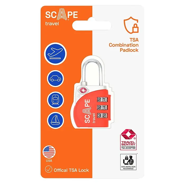 Scape Candado con combinación - Zamak, Número de dígitos en combinación: 3 ud., Naranja - Candado de combinación TSA rojo y blanco, empaquetado. Muestra grillete de metal y tres diales numéricos.