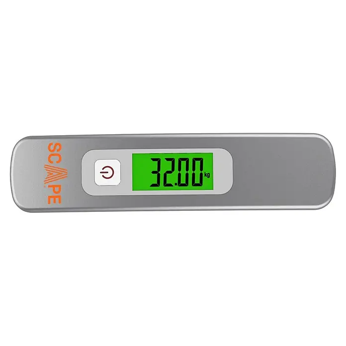 Scape Báscula digital de cocina - Capacidad de carga hasta 50 kg - Báscula digital de equipaje gris con pantalla LCD verde que muestra 32.00 kg y un botón de encendido.