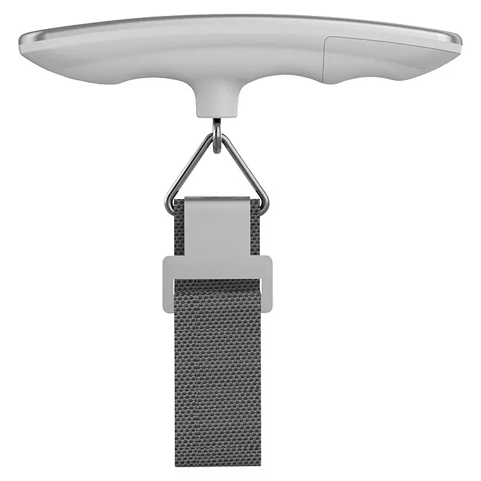 Scape Báscula digital de cocina - Capacidad de carga hasta 50 kg - Báscula digital de equipaje con mango plateado, gancho metálico y correa de tela gris.