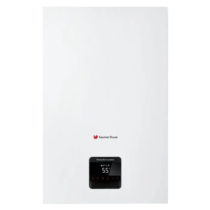 Saunier Duval Caldera ThemaTek - 24 kW, 8 l, Display LC - Caldera blanca Saunier Duval ThemaTek Condens con pantalla digital negra que muestra 55°C.