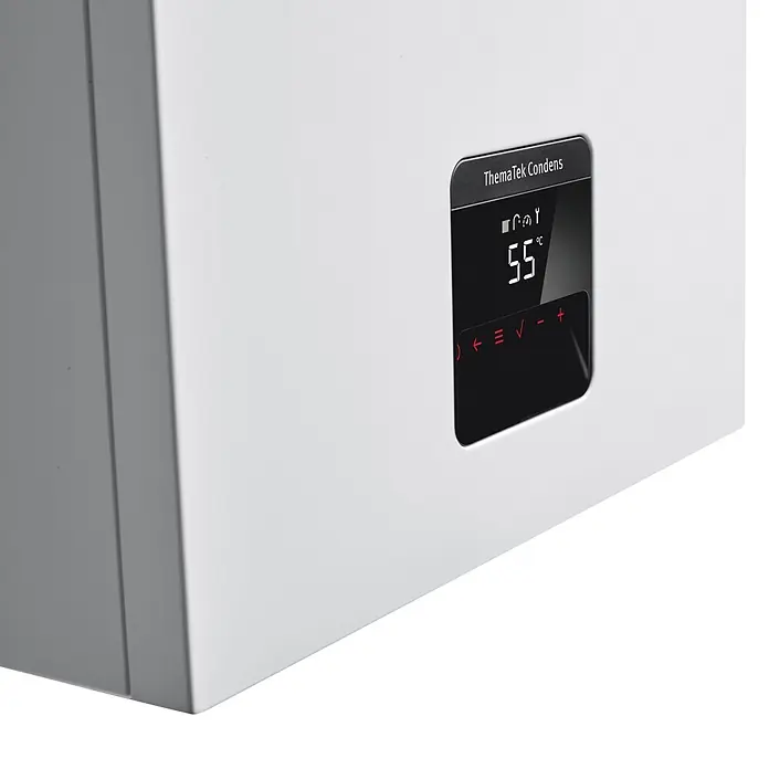 Saunier Duval Caldera ThemaTek - 24 kW, 8 l, Display LC - Caldera de pared blanca ThemaTek Condens con pantalla digital que muestra 55°C y botones de control.