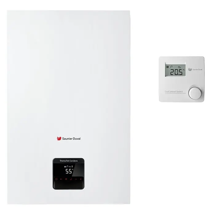 Saunier Duval Caldera ThemaTek - 24 kW, 8 l, Display LC - Caldera blanca Saunier Duval con pantalla de 55°C y termostato blanco ExaControl Select separado mostrando 20.5°C.
