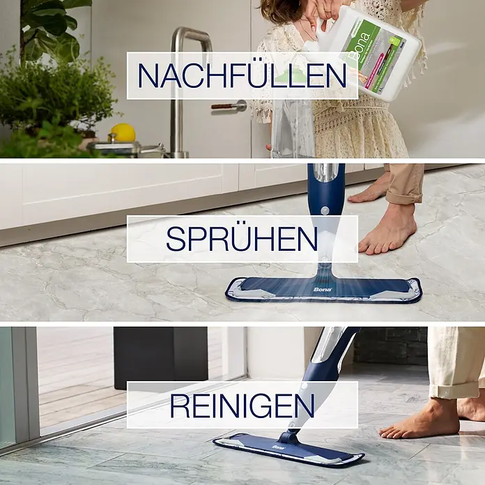 Bona Fliesen- & Laminatreiniger für Hartböden - 4 l, Nachfüllkanister - Eine Person demonstriert das Nachfüllen, Sprühen und Reinigen eines Bodens mit Bona Reiniger und einem blauen Sprühwischer.