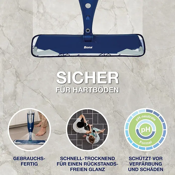Bona Fliesen- & Laminatreiniger für Hartböden - 4 l, Nachfüllkanister - Blauer Bona Sprühmoppkopf auf gemustertem Boden, hervorgehoben als sicher für Hartböden, schnell trocknend und pH-neutral.