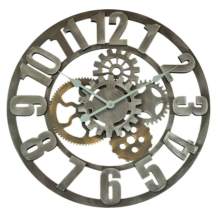 Wanduhr - Durchmesser: 60 cm, Grau - Einzigartige Wanduhr im industriellen Stil mit Zahnrädern und römischen Ziffern, die ein dekoratives Element für jedes Zuhause darstellt.