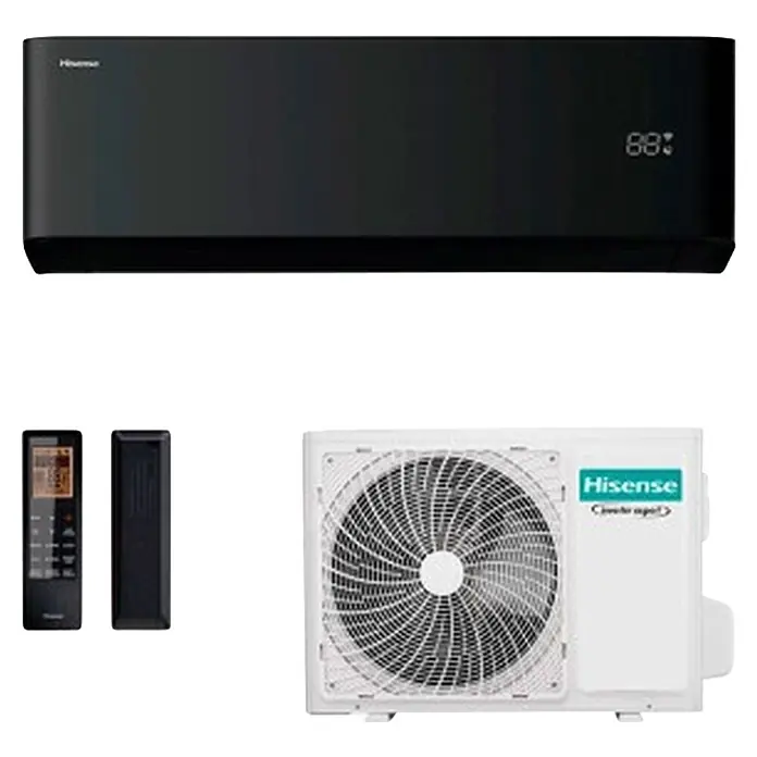 Hisense Uni Pure Black Aire acondicionado Inverter 25 + Instalación - 2,6 kW, 3 kW, Tamaño de la estancia: 20 m² - 25 m² - Unidad interior de aire acondicionado negra con pantalla, dos controles remotos negros y unidad exterior blanca.