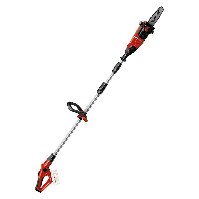 Einhell PXC 18V Podadora telescópica de batería GE-LC 18 Li T-Solo - 18 V, Iones de litio, Sin batería, Longitud de corte: 17 cm - Una motosierra de poda de batería roja con mango telescópico para el cuidado de árboles, permitiendo cortes precisos en altura.