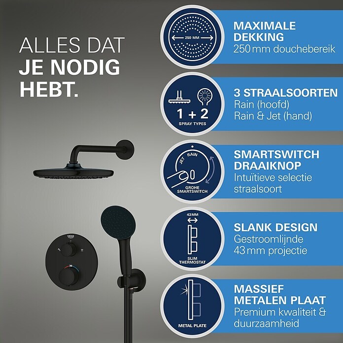 Grohe Douchesysteem Precision Thermostat met Vitalio Start 250 (Aantal straalsoorten: 2 st., Zwart) | BAUHAUS
