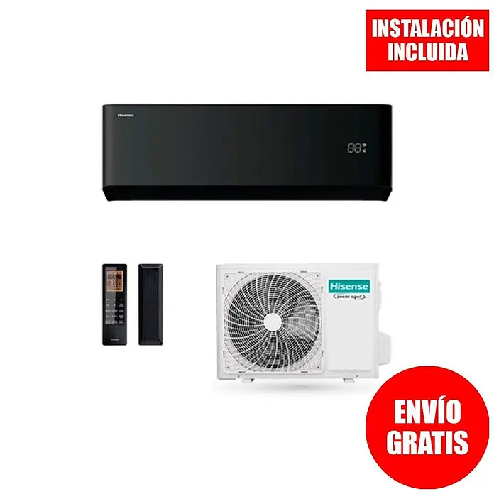 Hisense Uni Pure Black Aire acondicionado Inverter 25 + Instalación - 2,6 kW, 3 kW, Tamaño de la estancia: 20 m² - 25 m² - Sistema de aire acondicionado split: unidad interior negra con pantalla digital, unidad exterior blanca y dos mandos a distancia negros.