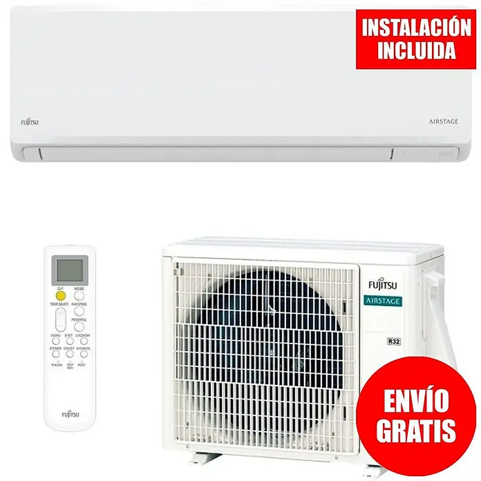Fujitsu KN Aire acondicionado Inverter ASY25 + Instalación - 2.500 W, Potencia térmica: 2.800 W, Tamaño de la estancia: 20 m² - 25 m² - Sistema de aire acondicionado split Fujitsu Airstage blanco con unidad interior, exterior y mando.