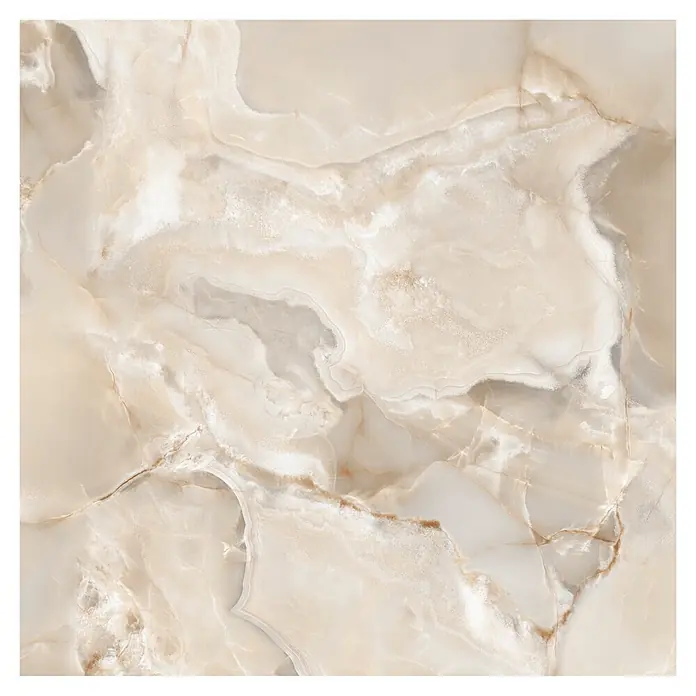 Feinsteinzeugfliese Onyx Freedom - 60 x 60 cm, Beige, Glänzend - Creme- und beige Onyxoberfläche mit wirbelnden Naturmustern.