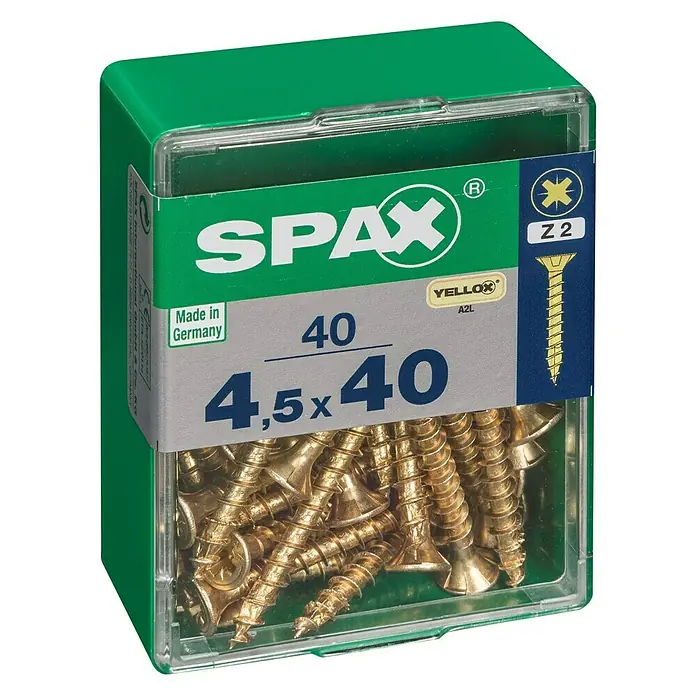 Spax Universalschraube4,5 x 40 mm, Vollgewinde, 40 Stk. - Dose Spax Universalschrauben 4,5 x 40 mm, gelb verzinkt, mit Senkkopf und Teilgewinde. Ideal für Holzkonstruktionen und Heimwerkerprojekte.