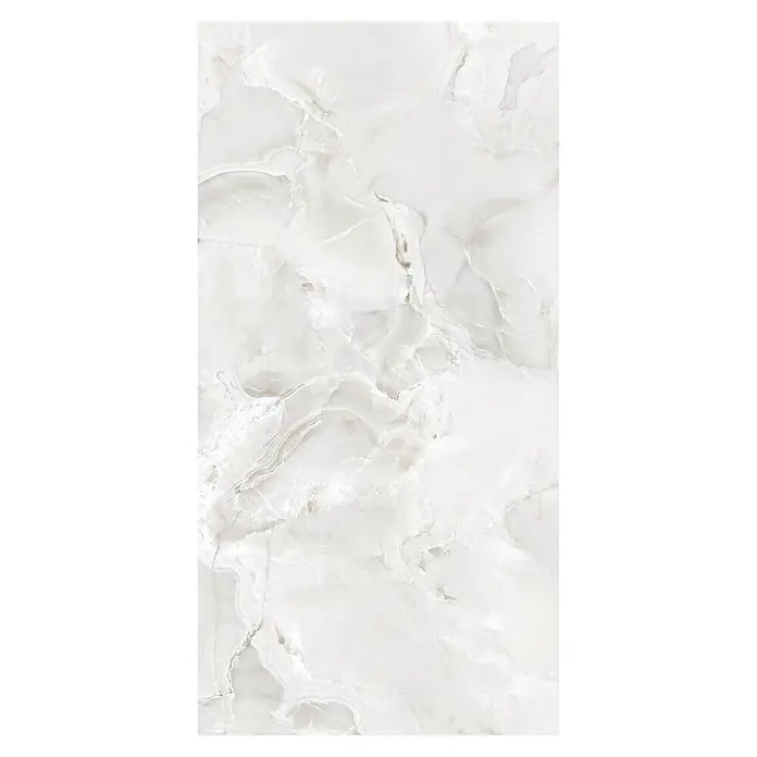Feinsteinzeugfliese Onyx Freedom - 60 x 120 cm, White, Matt - Rechteckige weiße Marmorfliese mit natürlicher hellgrauer und beiger Maserung.