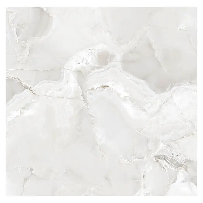 Feinsteinzeugfliese Onyx Freedom - 60 x 60 cm, White, Matt - Weiße Onyxplatte mit zarter grauer und beiger Maserung, die natürliche Steinmuster zeigt.