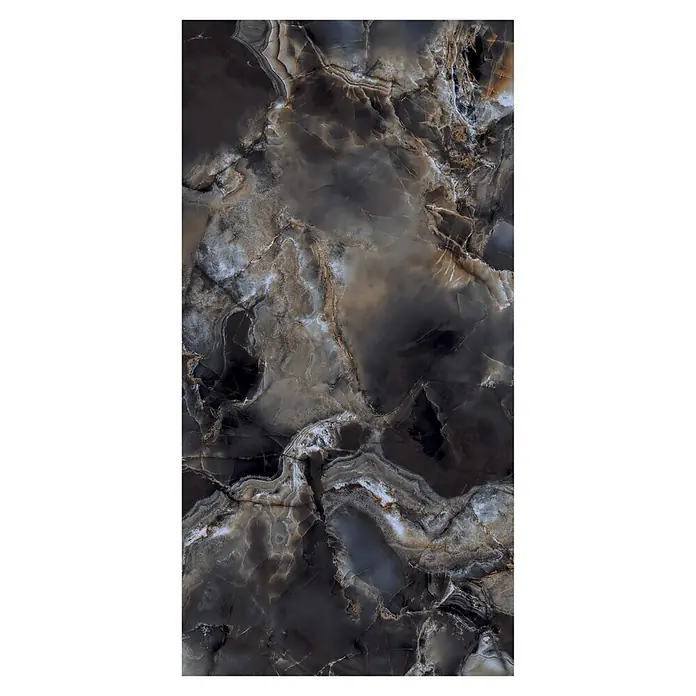 Feinsteinzeugfliese Onyx Freedom - 60 x 120 cm, Black, Matt - Dunkle, rechteckige Steinplatte mit auffälligen schwarzen, grauen, weißen und goldenen Maserungen.