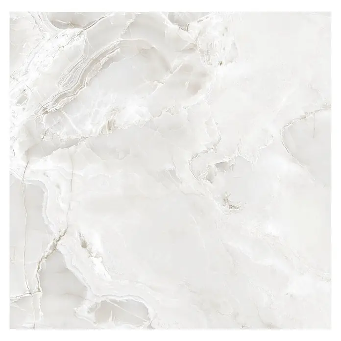 Feinsteinzeugfliese Onyx Freedom - 60 x 60 cm, White, Glänzend - Weiße Porzellanfliese in Onyxoptik mit zarten grauen und beigen Äderungen.