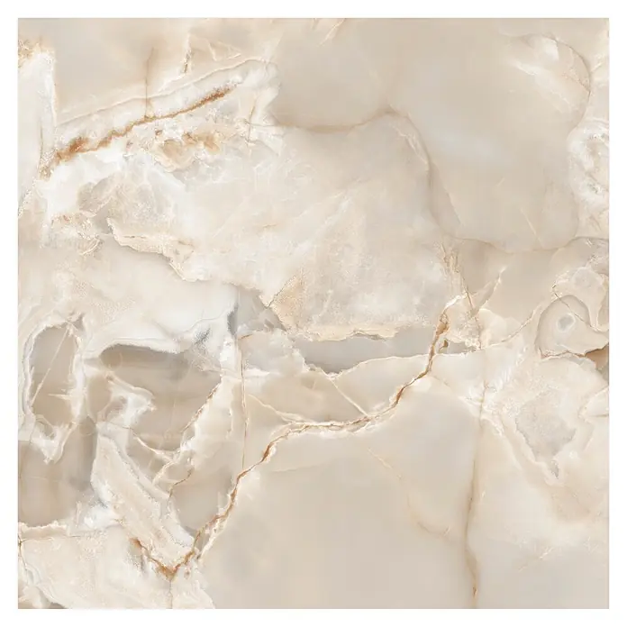 Feinsteinzeugfliese Onyx Freedom - 60 x 60 cm, Beige, Matt - Helle beige Onyx-Marmorplatte mit durchscheinenden Bereichen und natürlichen braun-goldenen Maserungen.