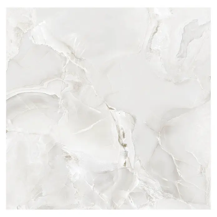 Feinsteinzeugfliese Onyx Freedom - 60 x 60 cm, White, Glänzend - Weiße Marmorfliese in Onyx-Optik mit zarter grauer und brauner Maserung.
