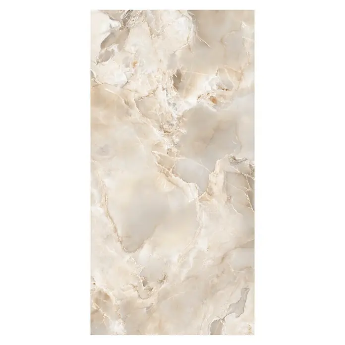 Feinsteinzeugfliese Onyx Freedom - 60 x 120 cm, Beige, Glänzend - Polierte helle beige Onyx-Marmorplatte mit natürlichen braunen und grauen Maserungen.