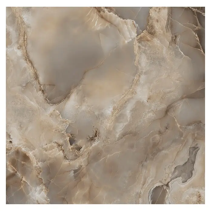 Feinsteinzeugfliese Onyx Freedom - 60 x 60 cm, Grey, Glänzend - Polierte beige-braune Onyxplatte mit komplexer, durchscheinender Maserung, ideal für luxuriöse Oberflächen.