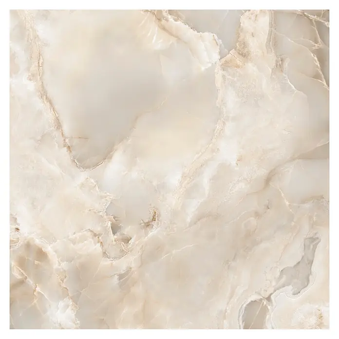 Feinsteinzeugfliese Onyx Freedom - 60 x 60 cm, Beige, Glänzend - Helle cremefarbene Onyx-Marmorstruktur mit natürlichen braunen und grauen Maserungen.