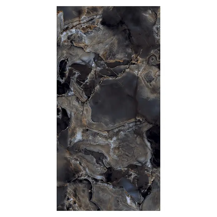 Feinsteinzeugfliese Onyx Freedom - 60 x 120 cm, Black, Glänzend - Dunkle Marmor-Optik Fliese mit komplexen Adern in Schwarz, Grau, Gold und Weiß, Naturstein ähnlich.