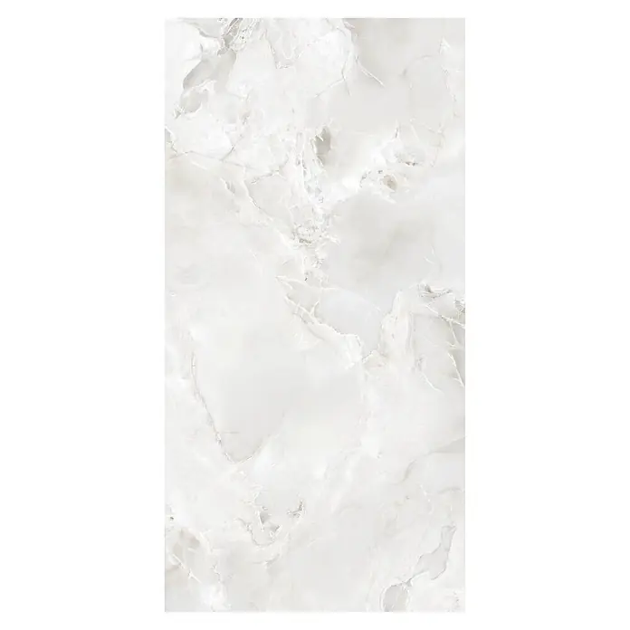 Feinsteinzeugfliese Onyx Freedom - 60 x 120 cm, White, Glänzend - Polierte weiße Marmorplatte mit subtiler grauer Maserung.