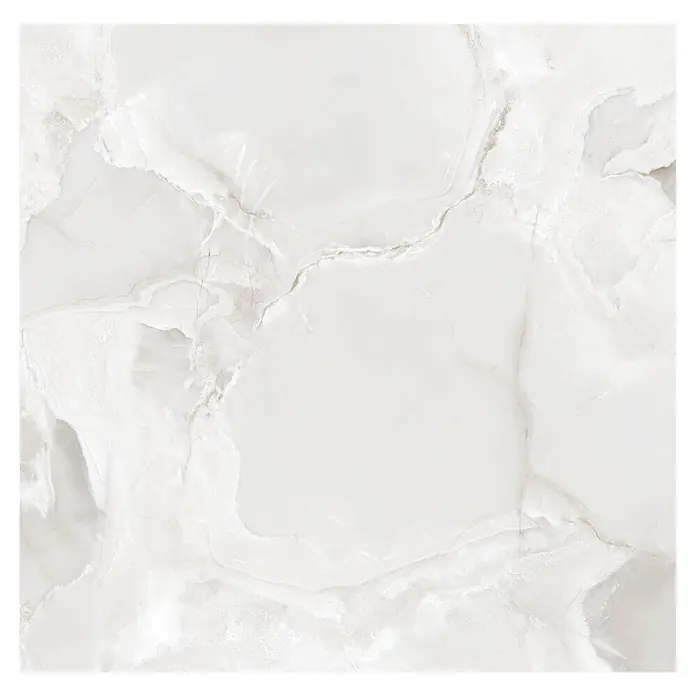 Feinsteinzeugfliese Onyx Freedom - 60 x 60 cm, White, Glänzend - Weiße Marmoroptik-Fliese mit subtiler grauer und beiger Maserung.